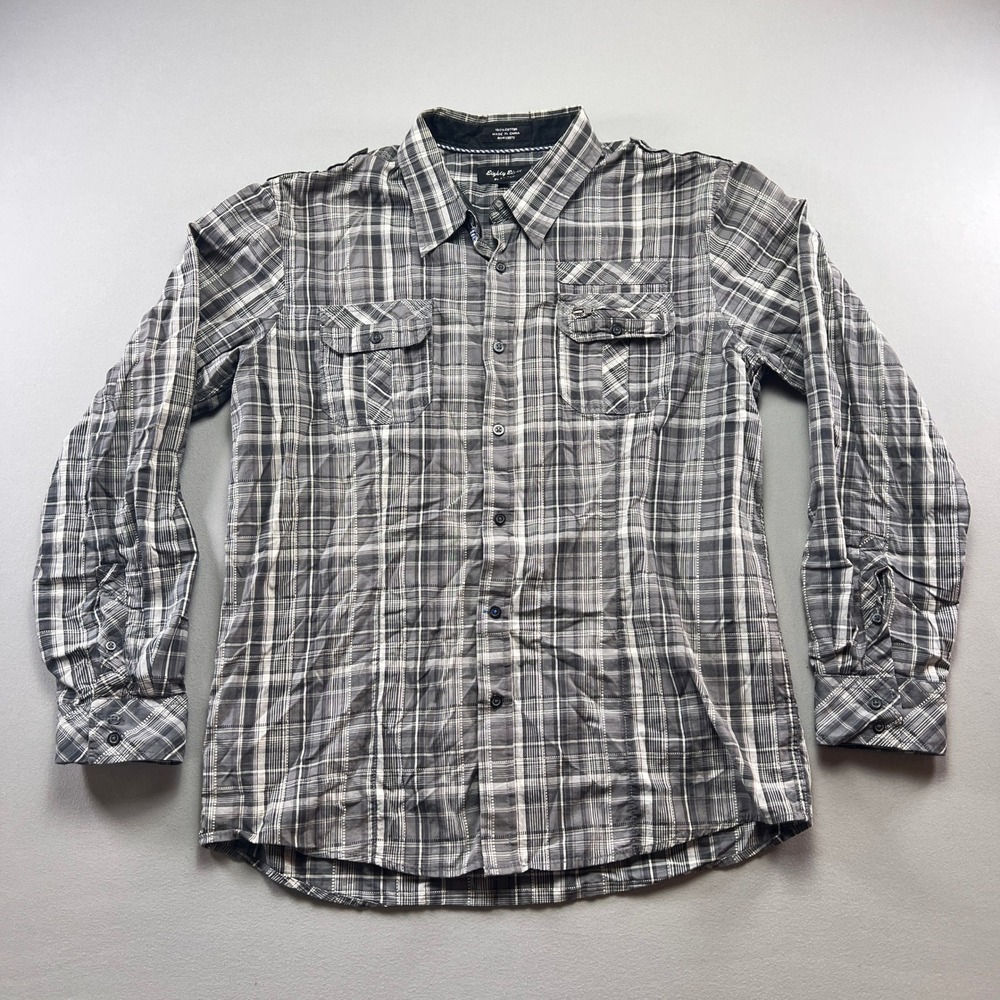 Eighty Eight Platinum Flannel Shirt Men Large Gray Plaid Cotton Dual Flap Pocket